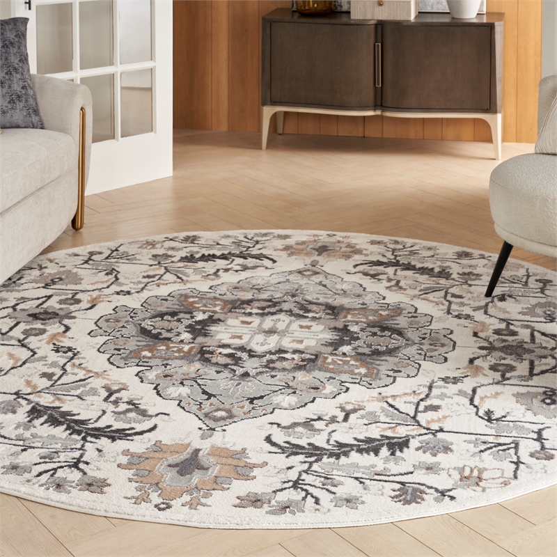 Nourison Home Elation 5' x Round Fabric Ivory Grey Area Rug