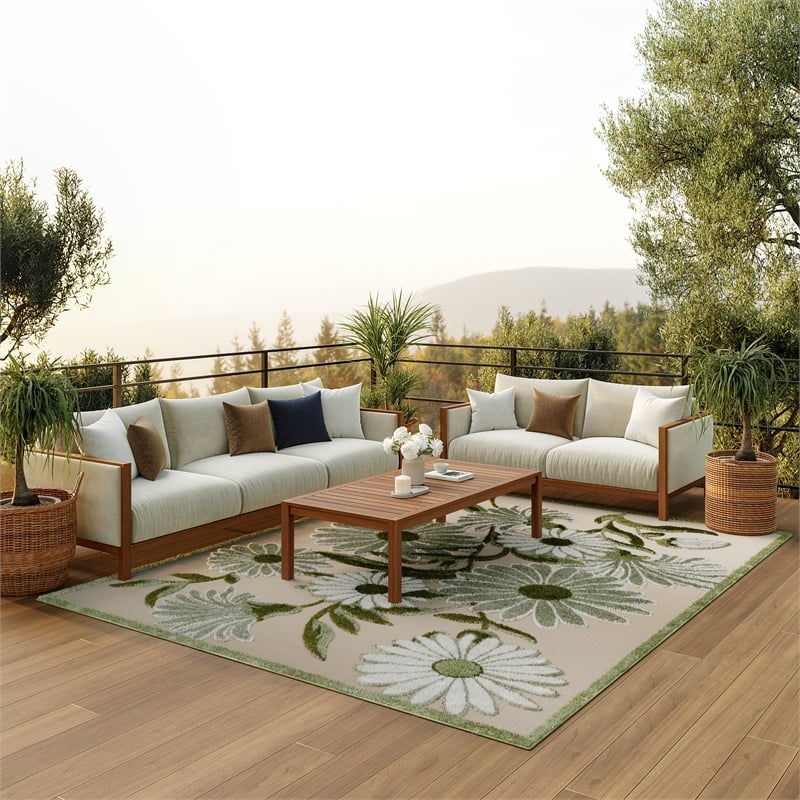 Nourison Aloha 9' x 12' Ivory Green Fabric Outdoor Area Rug (9' x 12')