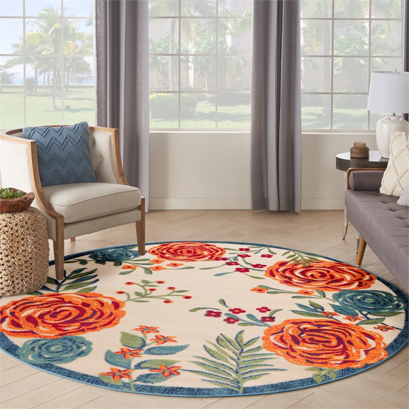 Nourison Aloha 5' x Round Ivory Multicolor Fabric Outdoor Area Rug (5' Round)