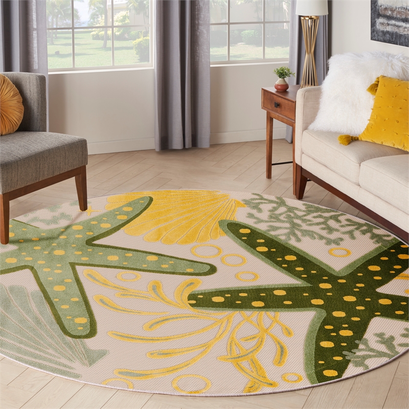 Nourison Aloha 5' x Round Green Yellow Fabric Outdoor Area Rug (5' Round)
