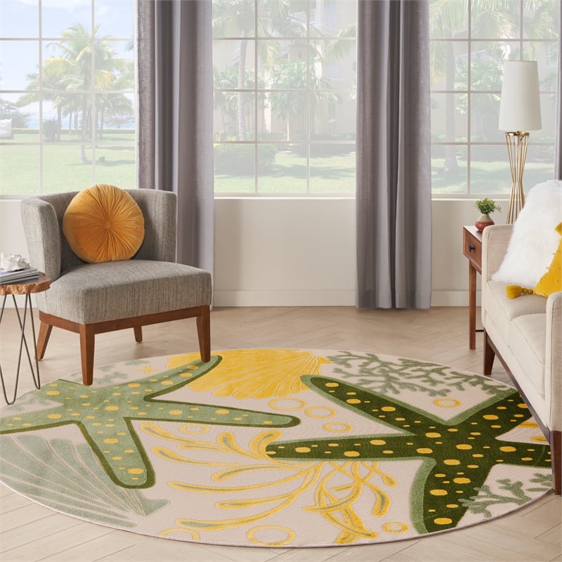 Nourison Aloha 5' x Round Green Yellow Fabric Outdoor Area Rug (5' Round)