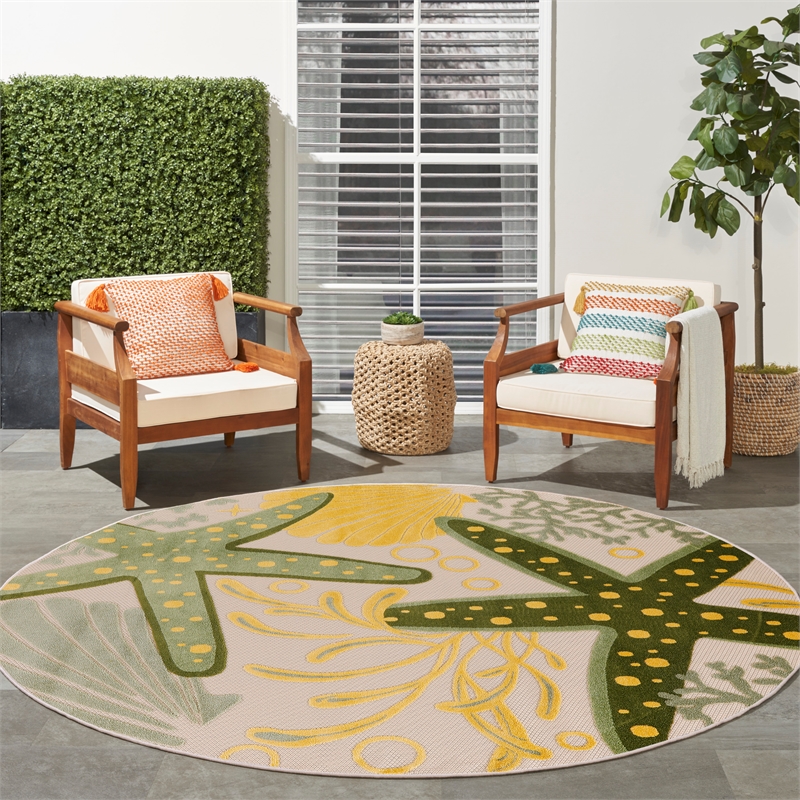 Nourison Aloha 5' x Round Green Yellow Fabric Outdoor Area Rug (5' Round)