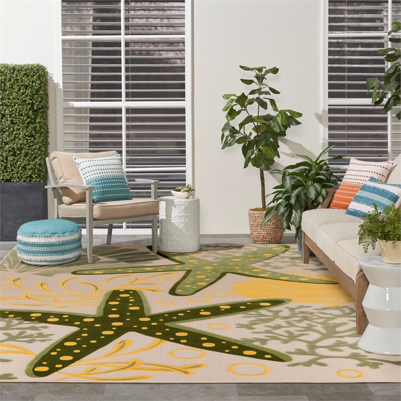 Nourison Aloha 10' x 14' Green Yellow Fabric Outdoor Area Rug (10' x 14')