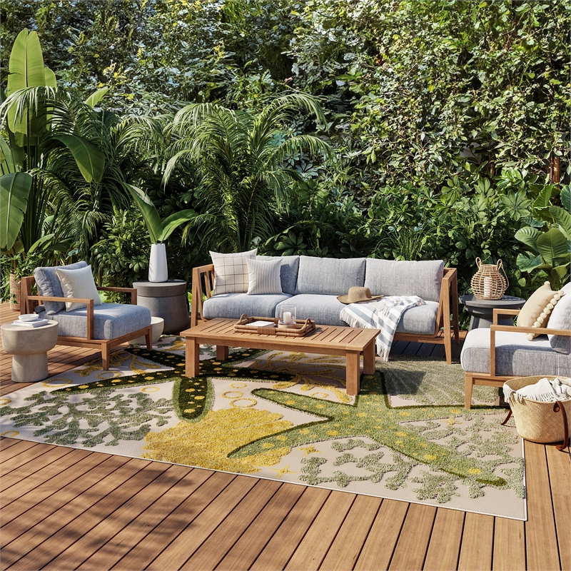 Nourison Aloha 10' x 14' Green Yellow Fabric Outdoor Area Rug (10' x 14')