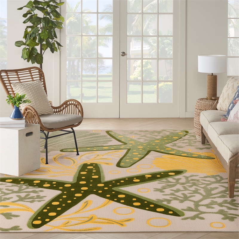 Nourison Aloha 10' x 14' Green Yellow Fabric Outdoor Area Rug (10' x 14')