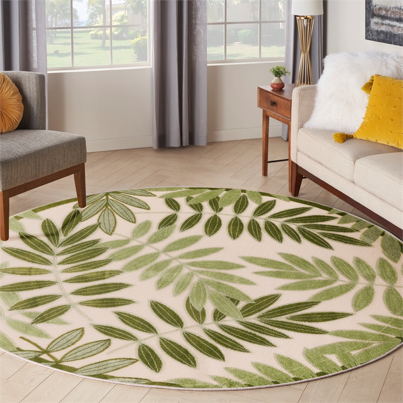 Nourison Aloha 5' x Round Ivory Green Fabric Outdoor Area Rug (5' Round)