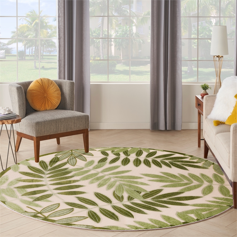 Nourison Aloha 5' x Round Ivory Green Fabric Outdoor Area Rug (5' Round)