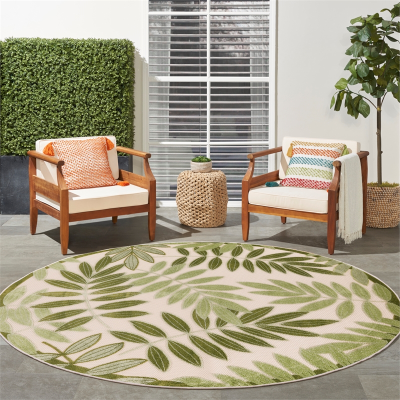 Nourison Aloha 5' x Round Ivory Green Fabric Outdoor Area Rug (5' Round)