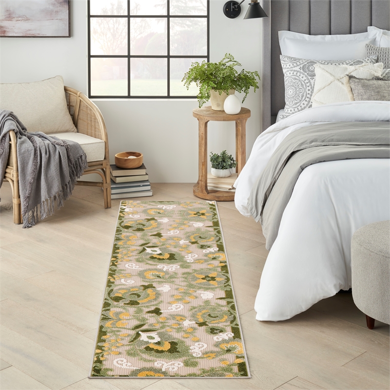 Nourison Aloha 8' Runner Ivory Green Fabric Outdoor Area Rug (8' Runner)