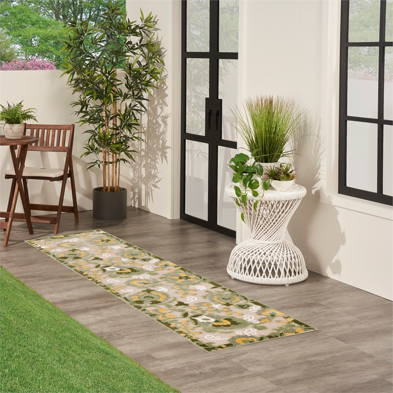 Nourison Aloha 8' Runner Ivory Green Fabric Outdoor Area Rug (8' Runner)