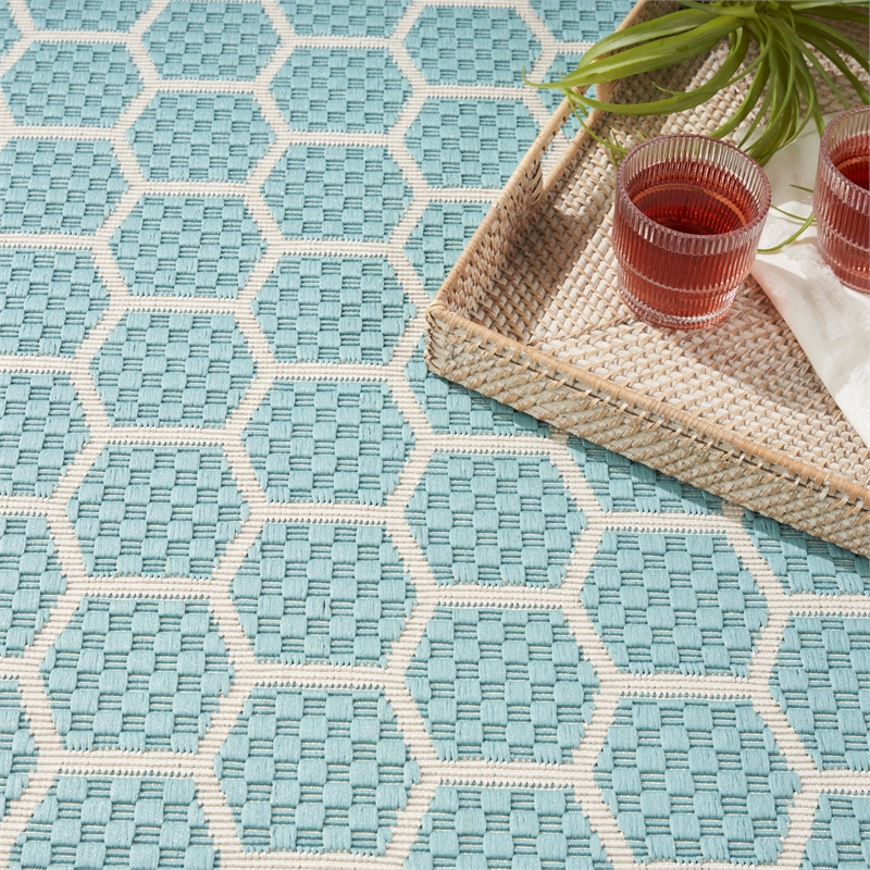 Nourison Reversible Indoor Outdoor 5' x 7' Aqua Fabric Contemporary Area Rug
