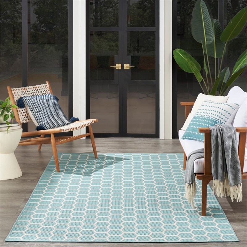Nourison Reversible Indoor Outdoor 5' x 7' Aqua Fabric Contemporary Area Rug