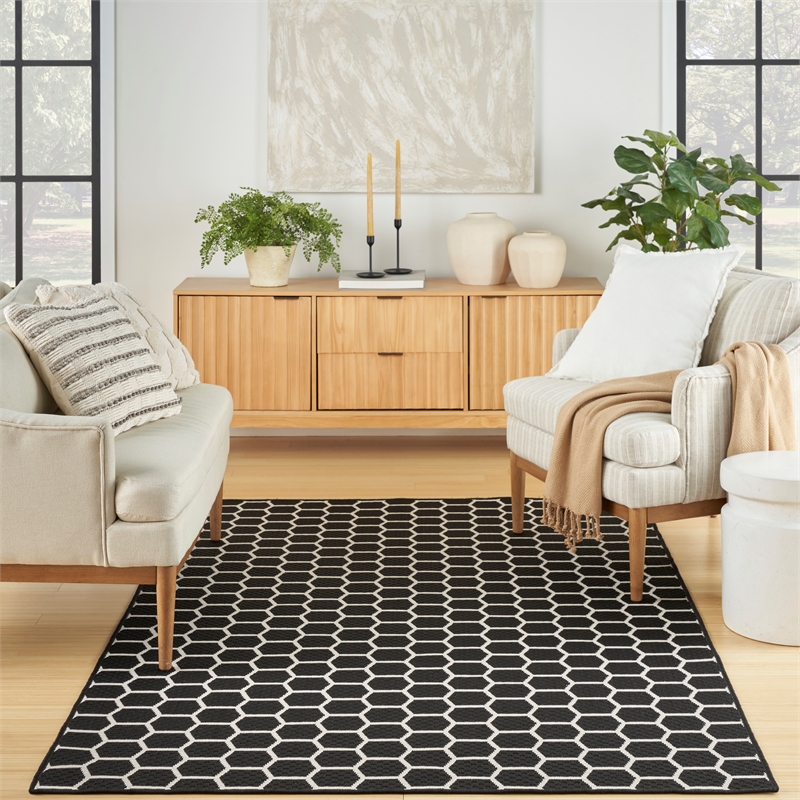 nourison reversible indoor outdoor 4' x 6' black fabric contemporary area rug