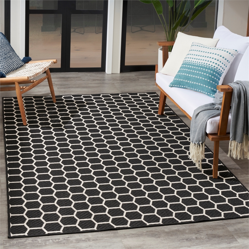nourison reversible indoor outdoor 4' x 6' black fabric contemporary area rug