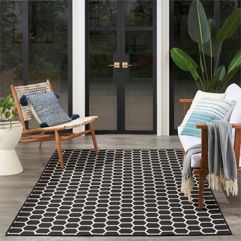 nourison reversible indoor outdoor 4' x 6' black fabric contemporary area rug