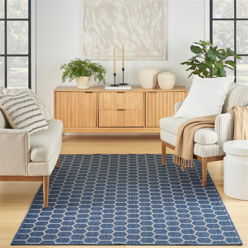 Nourison Reversible Indoor Outdoor 5' x 7' Blue Fabric Contemporary Area Rug