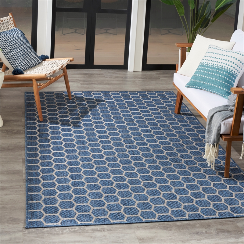 Nourison Reversible Indoor Outdoor 6' x 9' Blue Fabric Contemporary Area Rug