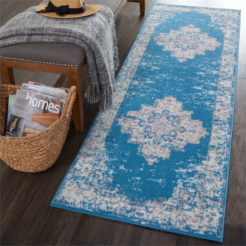 Nourison Grafix 6' Runner Blue Fabric Transitional Area Rug