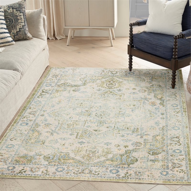 Nourison Astra Machine Washable Center medallion Blue Green  Area Rug (5' x 7')