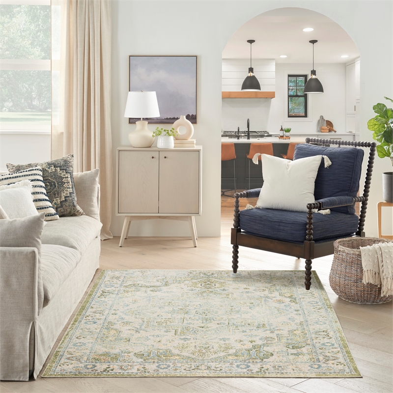 Nourison Astra Machine Washable Center medallion Blue Green  Area Rug (5' x 7')