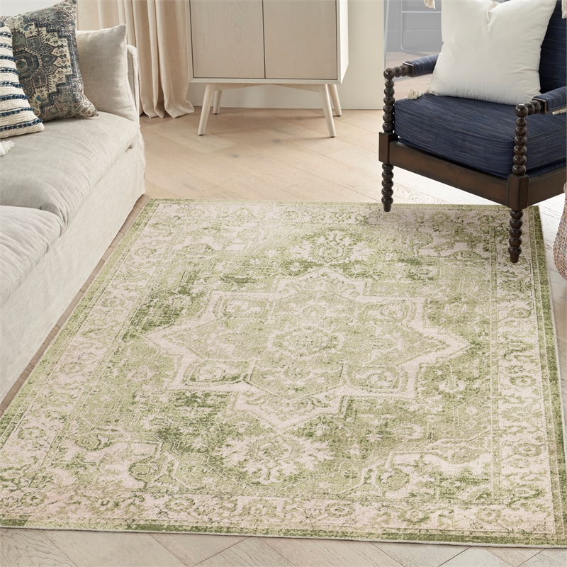 Nourison Astra Machine Washable Center medallion Ivory Green  Area Rug (5' x 7')