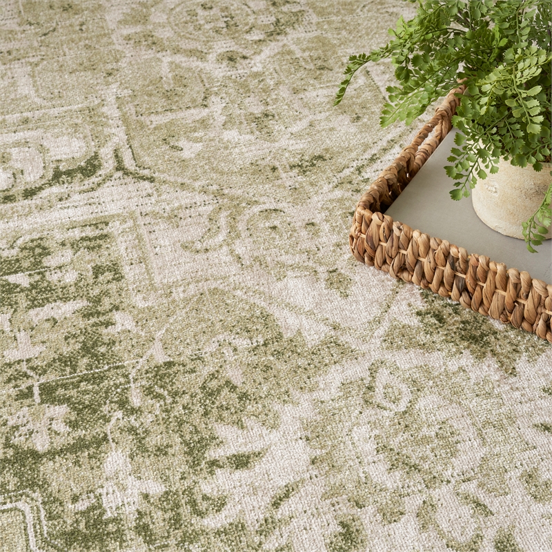Nourison Astra Machine Washable Center medallion Ivory Green  Area Rug (5' x 7')