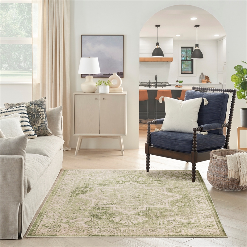 Nourison Astra Machine Washable Center medallion Ivory Green  Area Rug (5' x 7')