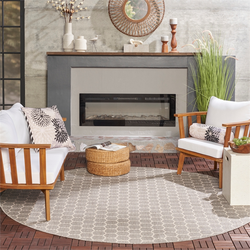 Nourison Reversible Ind/Outd 8' x Round Grey Area Rug