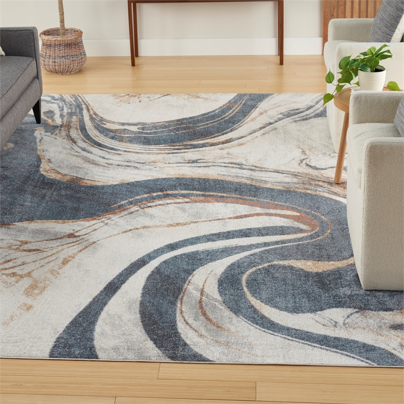 Nourison Astra Machine Washable 7' x 9' Ivory Blue Area Rug