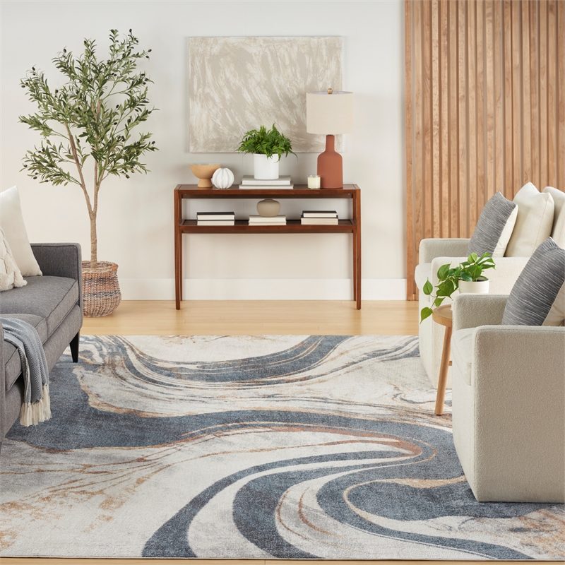 Nourison Astra Machine Washable 7' x 9' Ivory Blue Area Rug