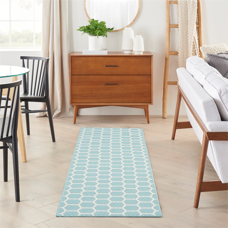 Nourison Reversible Ind/Outd 6' Runner Aqua Area Rug