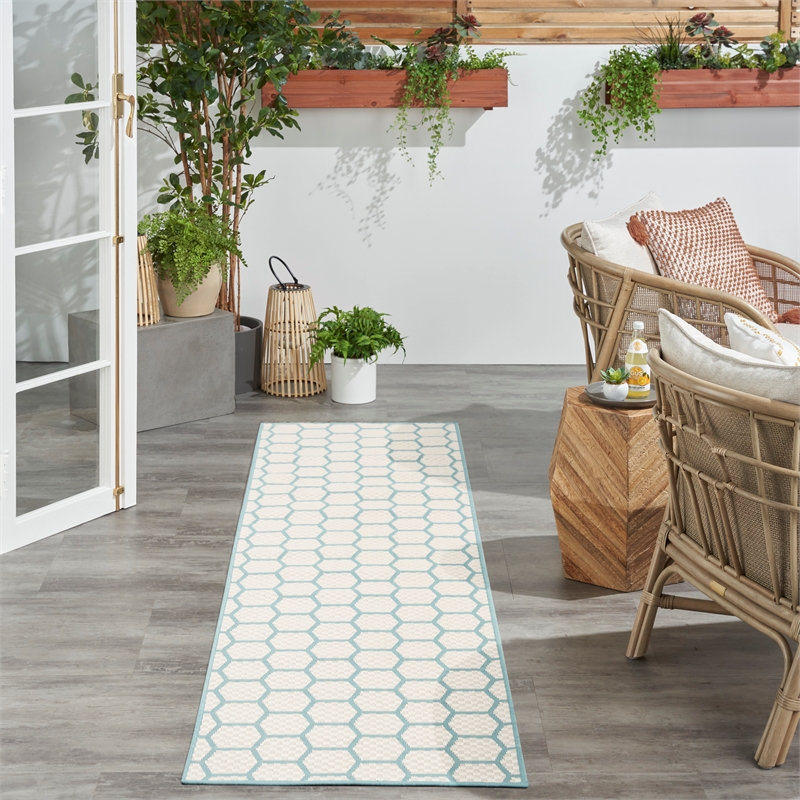 Nourison Reversible Ind/Outd 6' Runner Aqua Area Rug