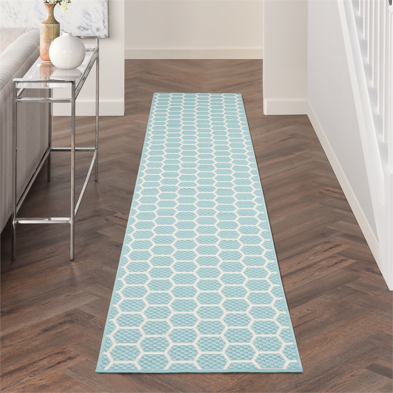 Nourison Reversible Ind/Outd 12' Runner Aqua Area Rug