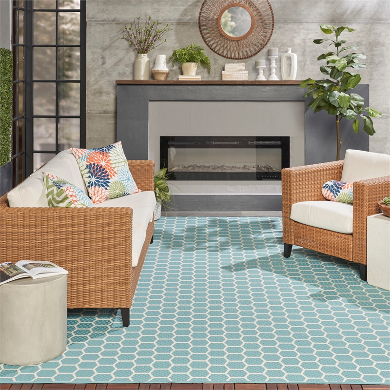 Nourison Reversible Ind/Outd 9' x 12' Aqua Area Rug