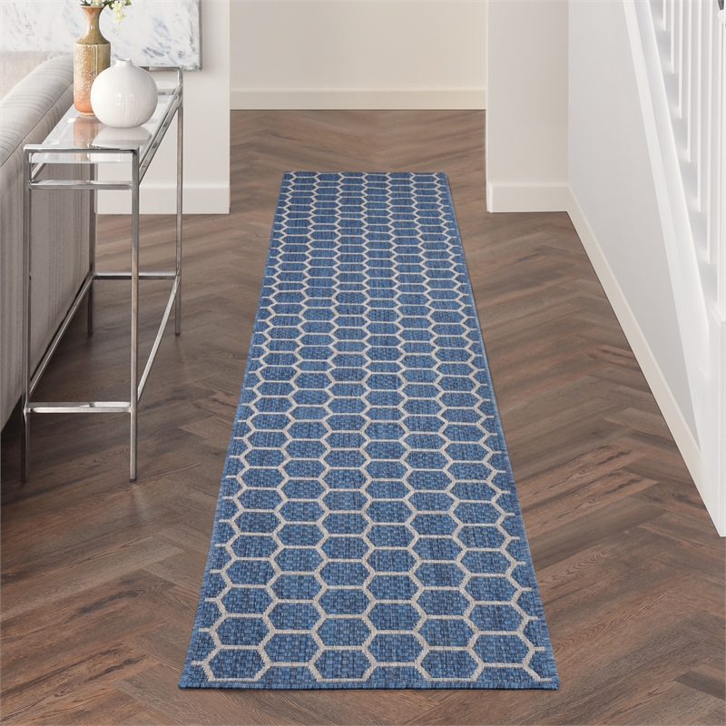 Nourison Reversible Ind/Outd 10' Runner Blue Area Rug