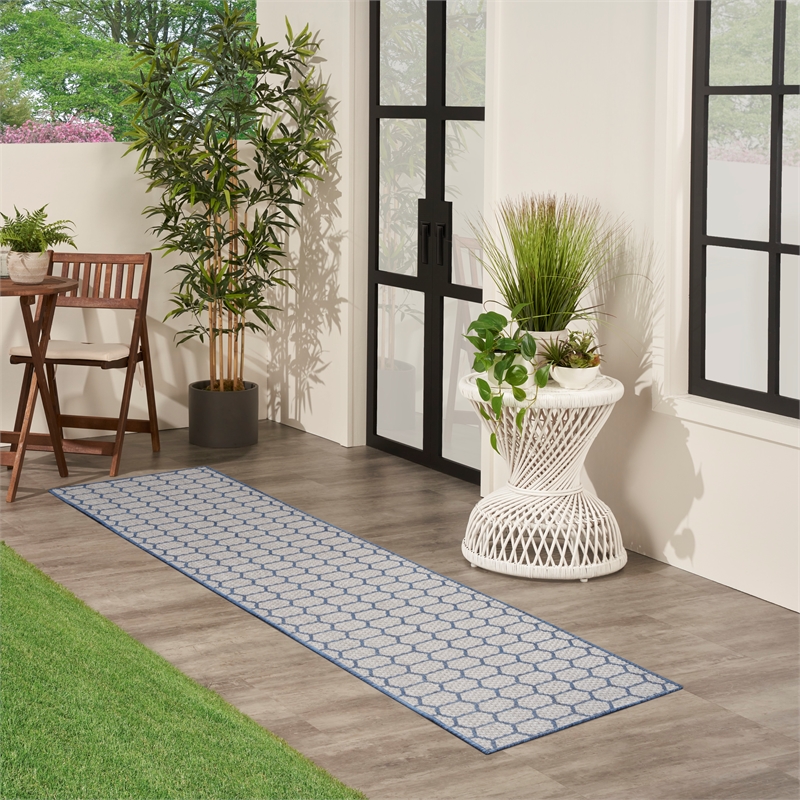 Nourison Reversible Ind/Outd 10' Runner Blue Area Rug