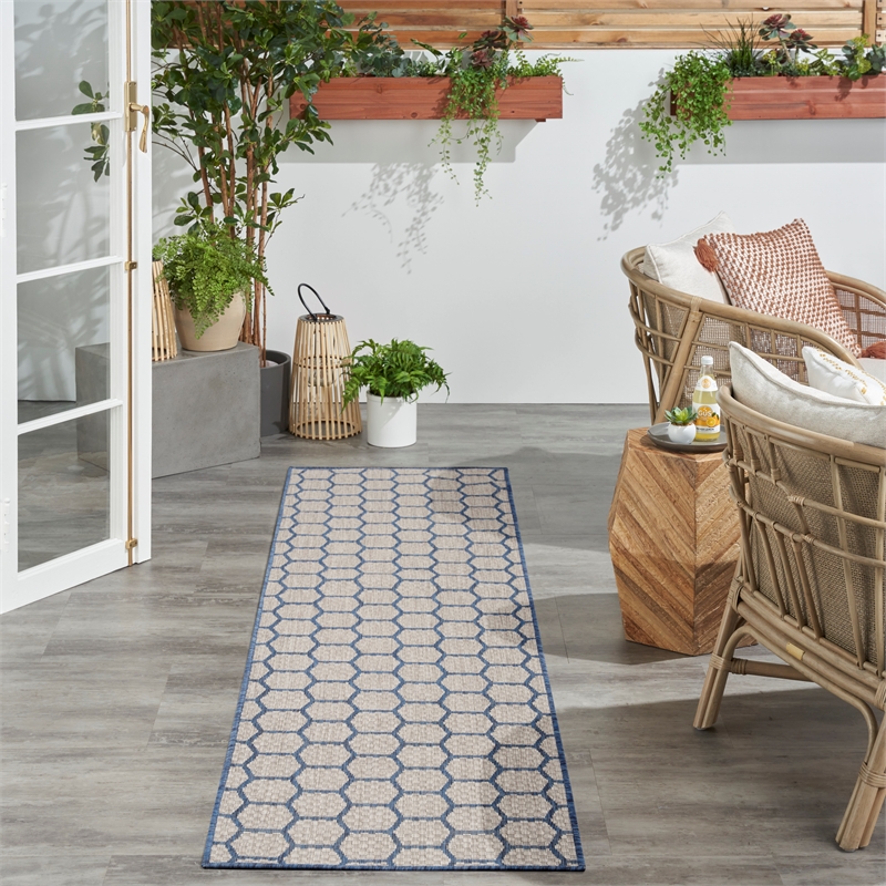 Nourison Reversible Ind/Outd 8' Runner Blue Area Rug