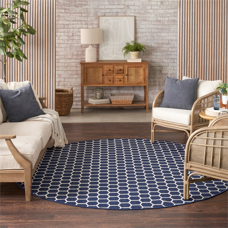 Nourison Reversible Ind/Outd 8' x Round Navy Area Rug