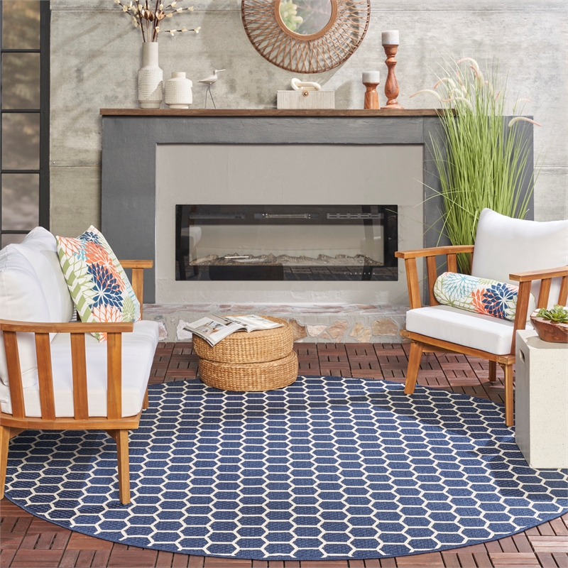 Nourison Reversible Ind/Outd 8' x Round Navy Area Rug