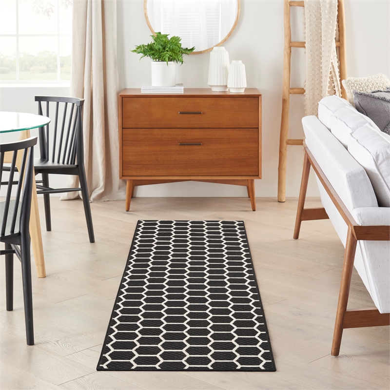 Nourison Reversible Ind/Outd 8' Runner Black Area Rug
