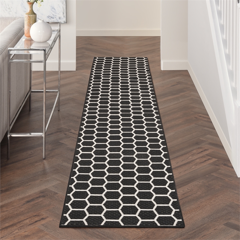 Nourison Reversible Ind/Outd 10' Runner Black Area Rug
