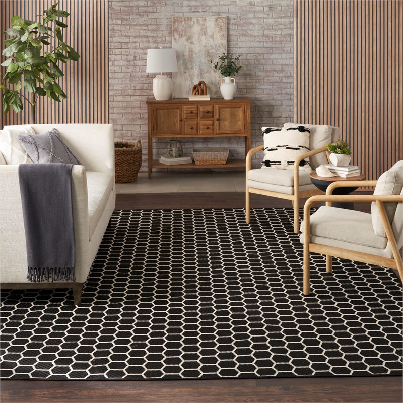 Nourison Reversible Ind/Outd 9' x 12' Black Area Rug