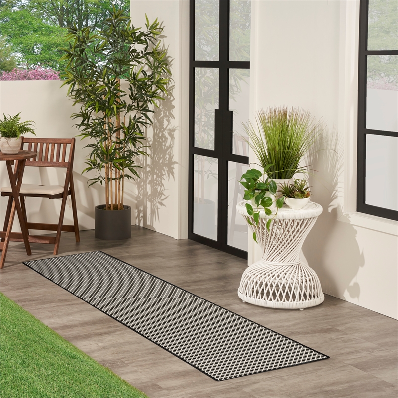 Nourison Courtyard 6' Runner Black White Fabric Area Rug