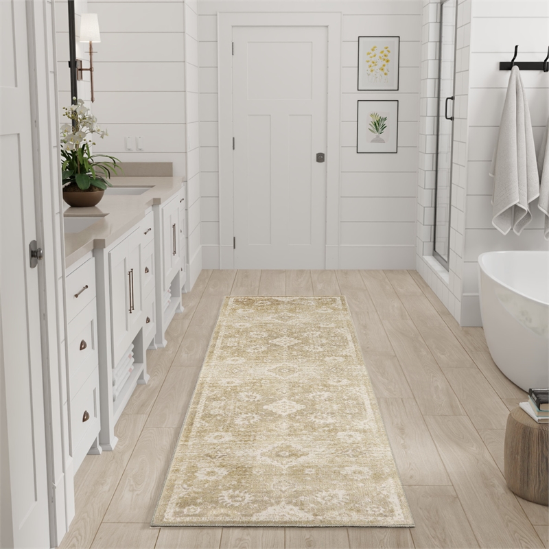 Nourison Astra Machine Washable 6' Runner Ivory Gold Fabric Area Rug