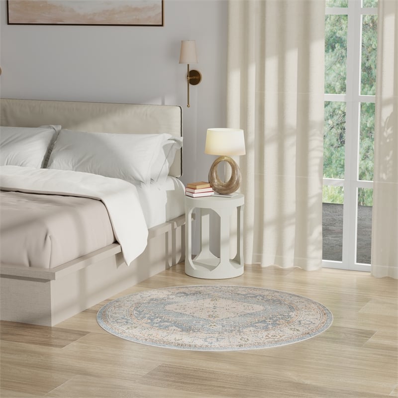 Nourison Astra Machine Washable 4' x Round Silver Blue Fabric Area Rug