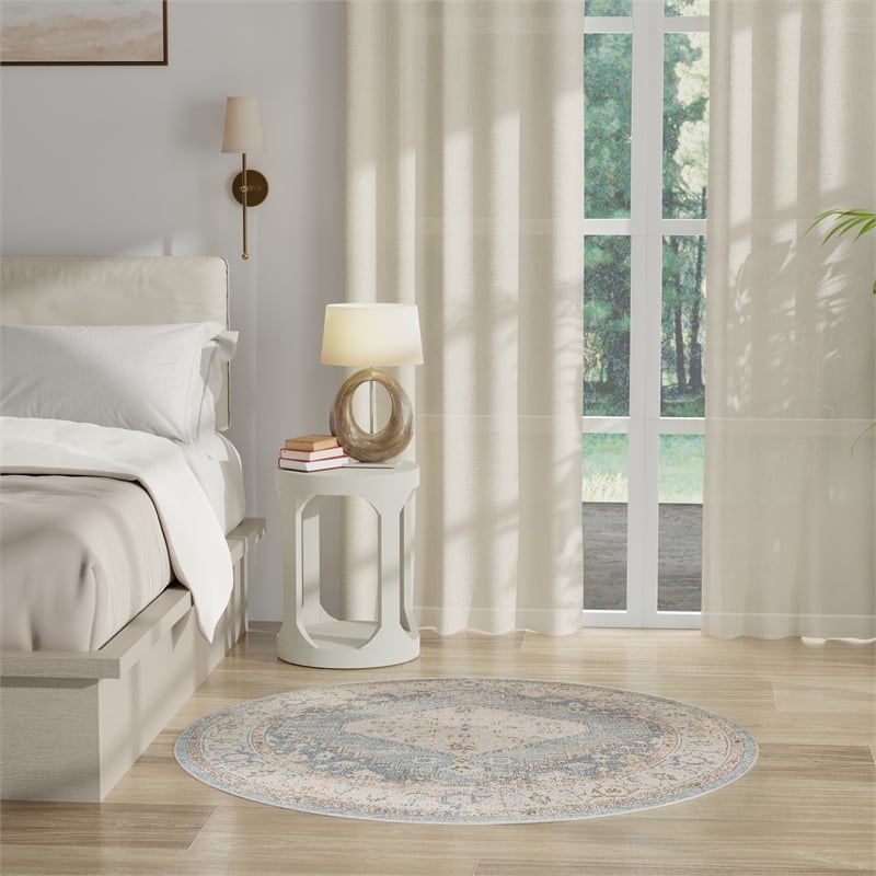Nourison Astra Machine Washable 4' x Round Silver Blue Fabric Area Rug