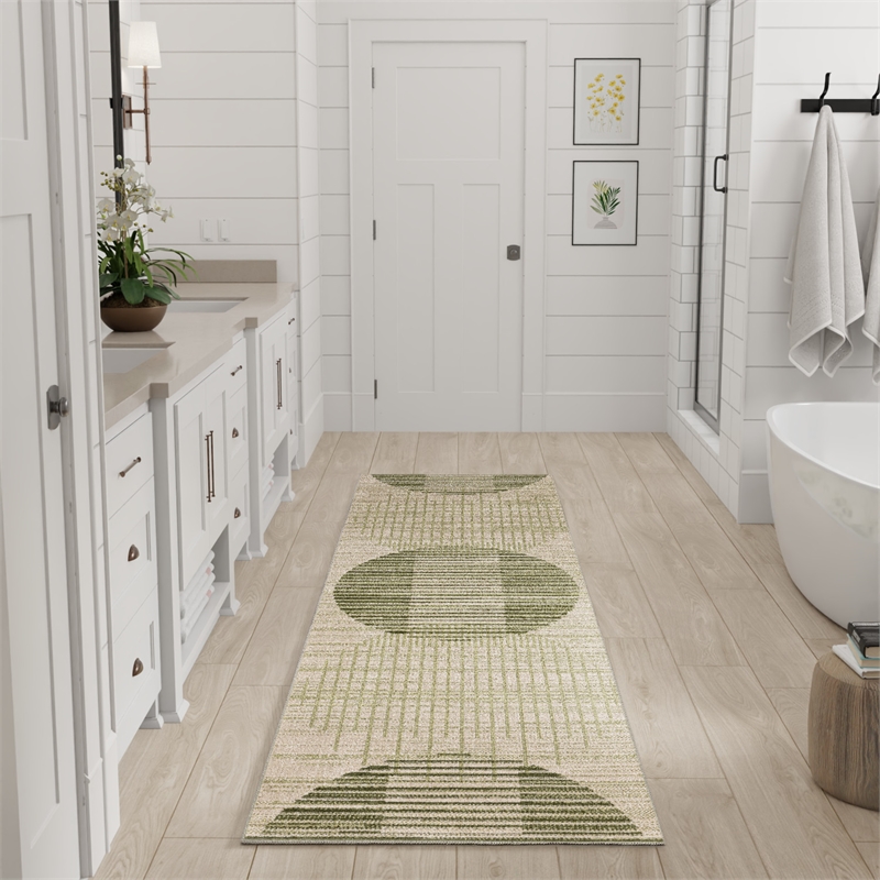 Nourison Astra Machine Washable 6' Runner Ivory Olive Fabric Area Rug