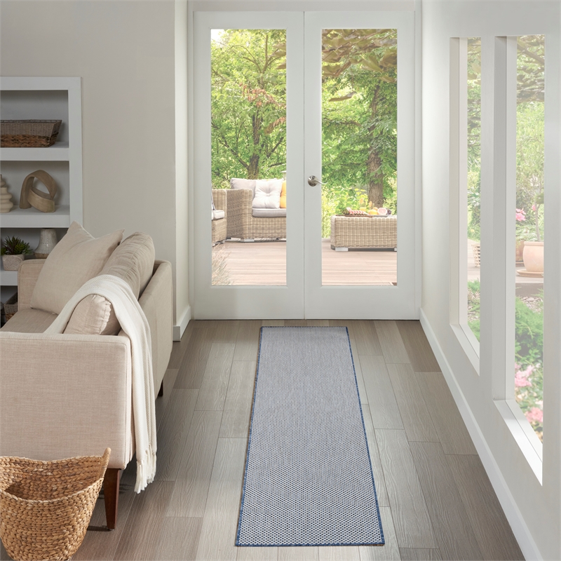 Nourison Courtyard 6' Runner Ivory Blue Fabric Area Rug