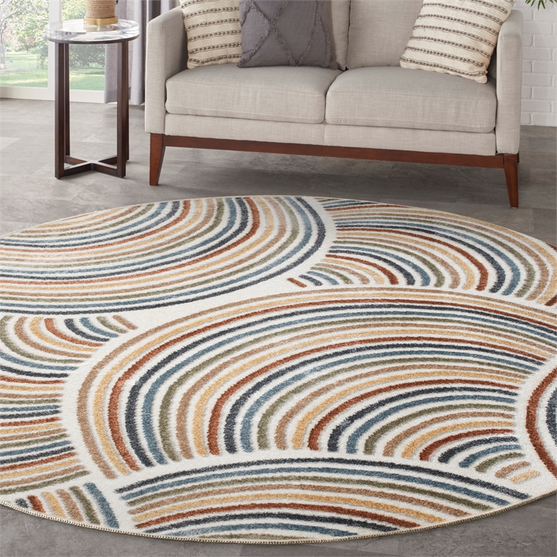 Nourison Astra Machine Washable 4' Round Ivory Multi-Color Fabric Area Rug
