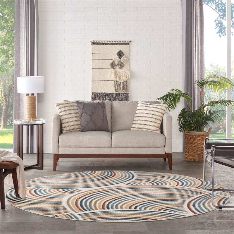 Nourison Astra Machine Washable 4' Round Ivory Multi-Color Fabric Area Rug